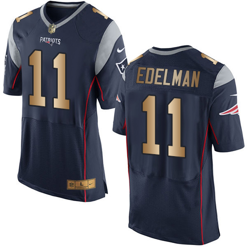 Nike Patriots #11 Julian Edelman Navy Blue Team Color Men's Stitched NFL New Elite Gold Jersey - Click Image to Close